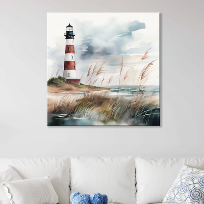 The lighthouse wall art STRIPED BEACON. The piece hangs on a wall