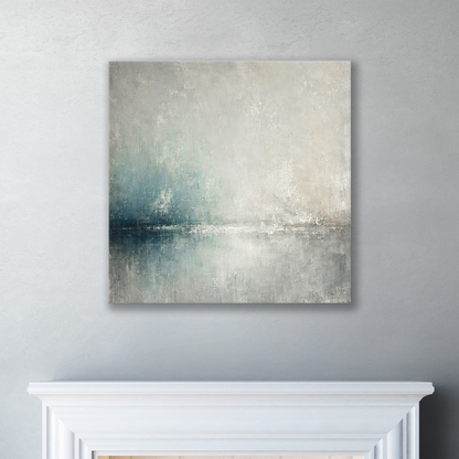 The abstract coastal canvas SALTY HORIZON. The piece hangs on a wall.
