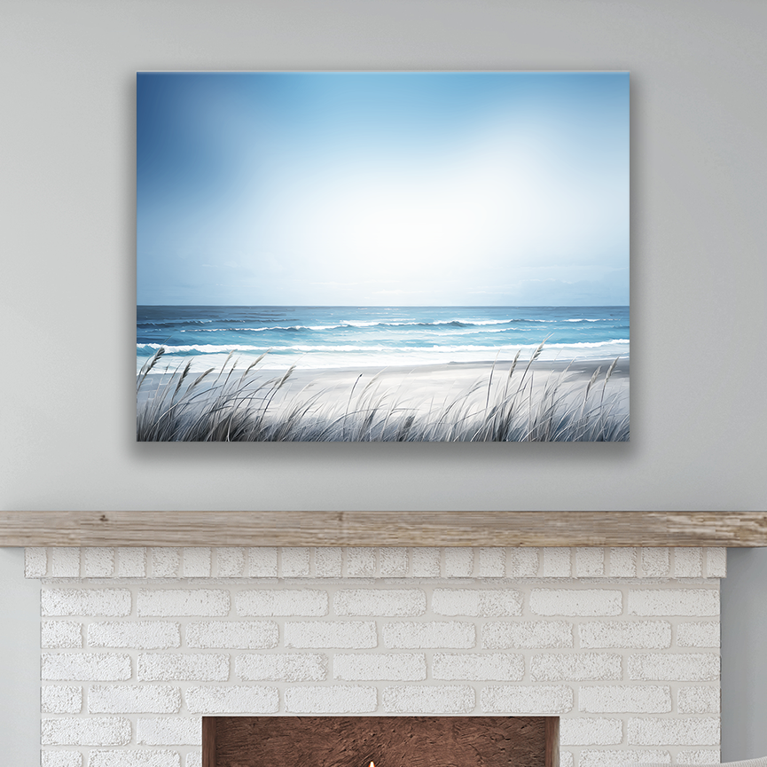 This beachscape painting hanging on a wall – premium thick coastal canvas.
