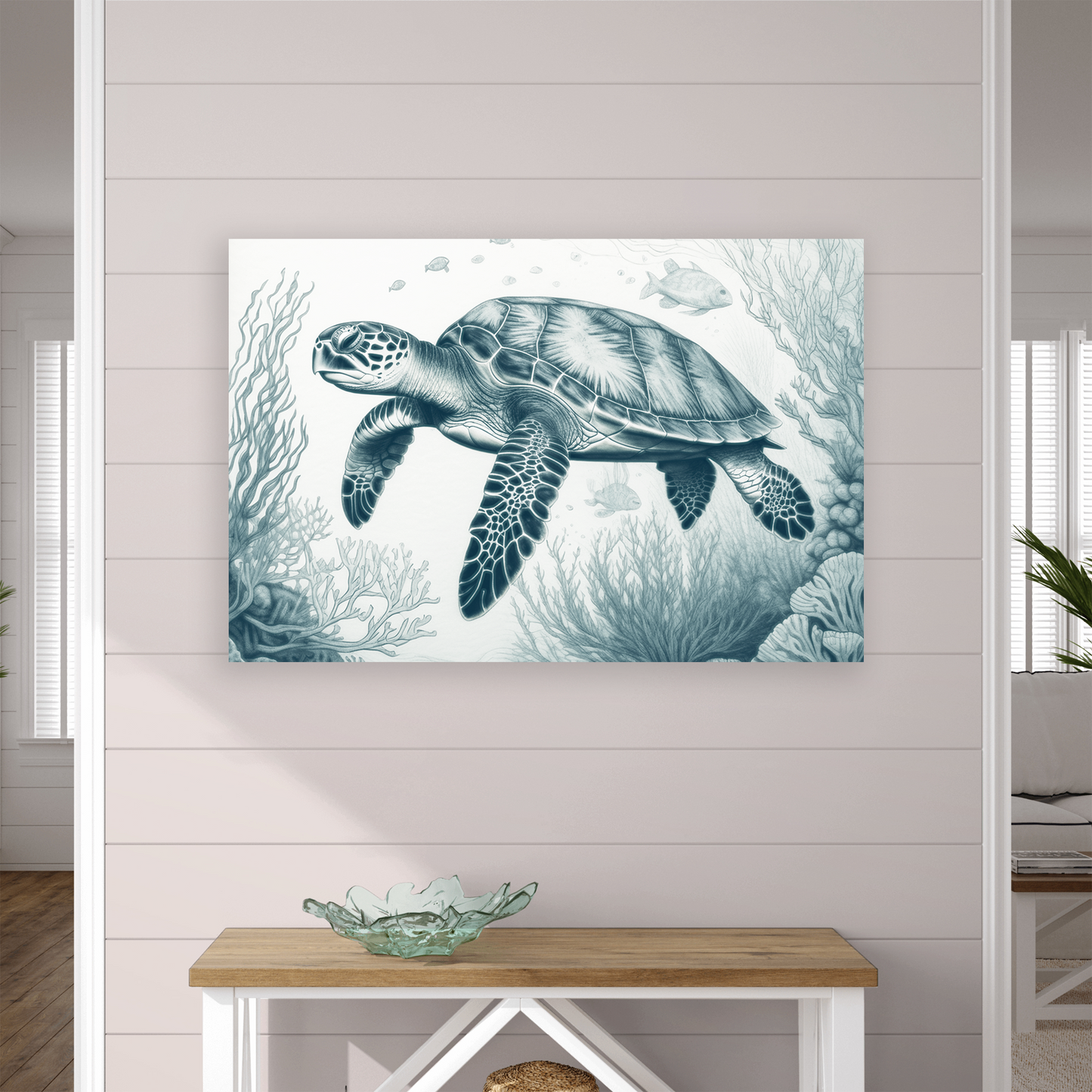 The sea turtle wall art OCEAN WANDERER. The piece hangs on a wall.
