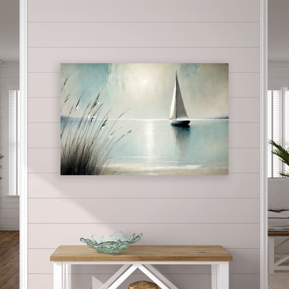 The autumn ocean print GENTLE WATERS. The piece hangs on a wall.
