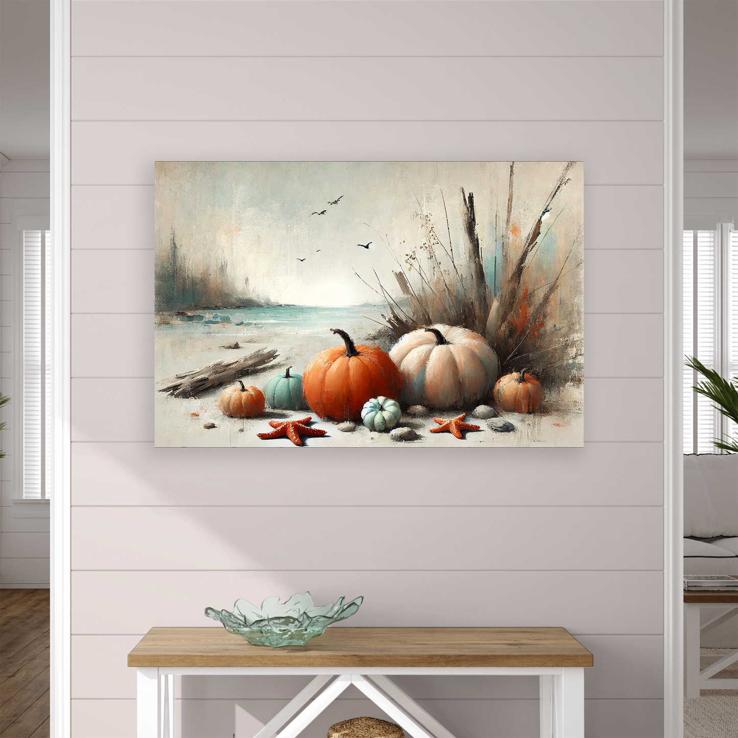 The coastal fall print BEACHSIDE HARVEST. The piece hangs on a wall.