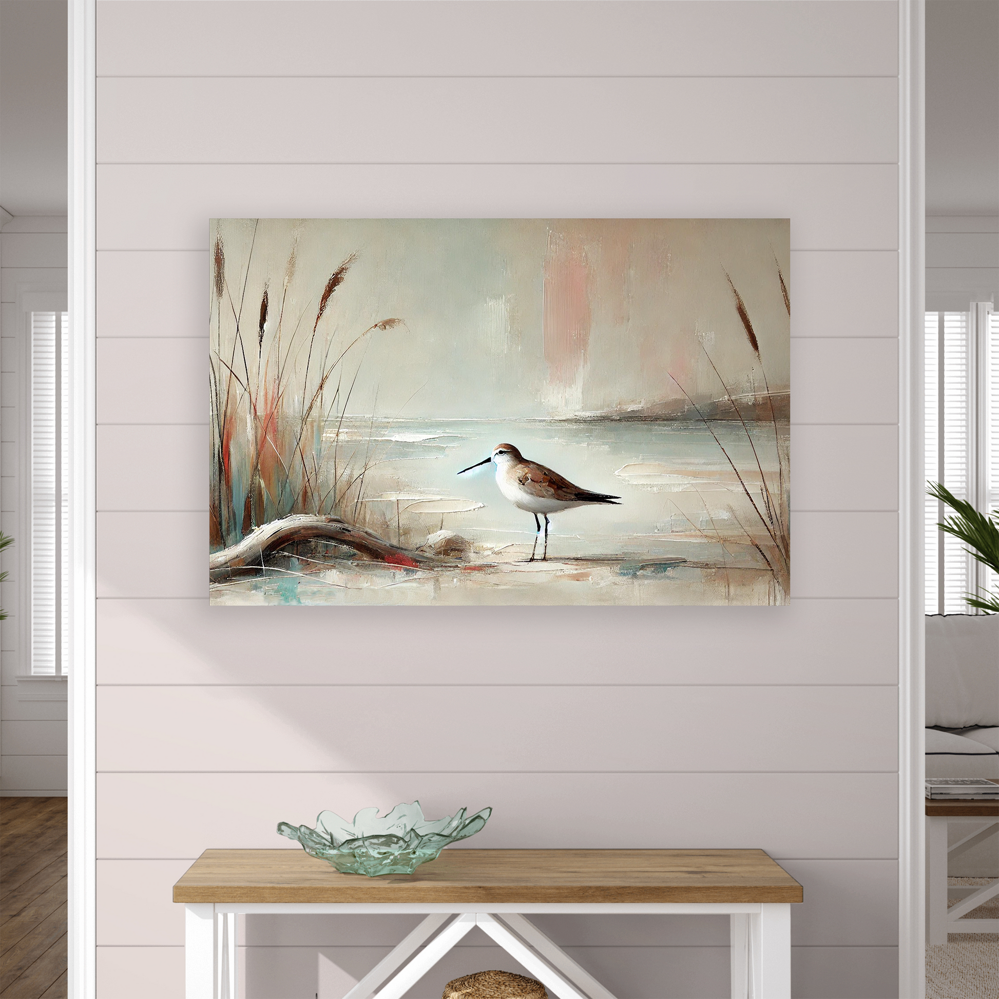 The fall shore art AUTUMN SANDPIPER. The piece hangs on a wall.
