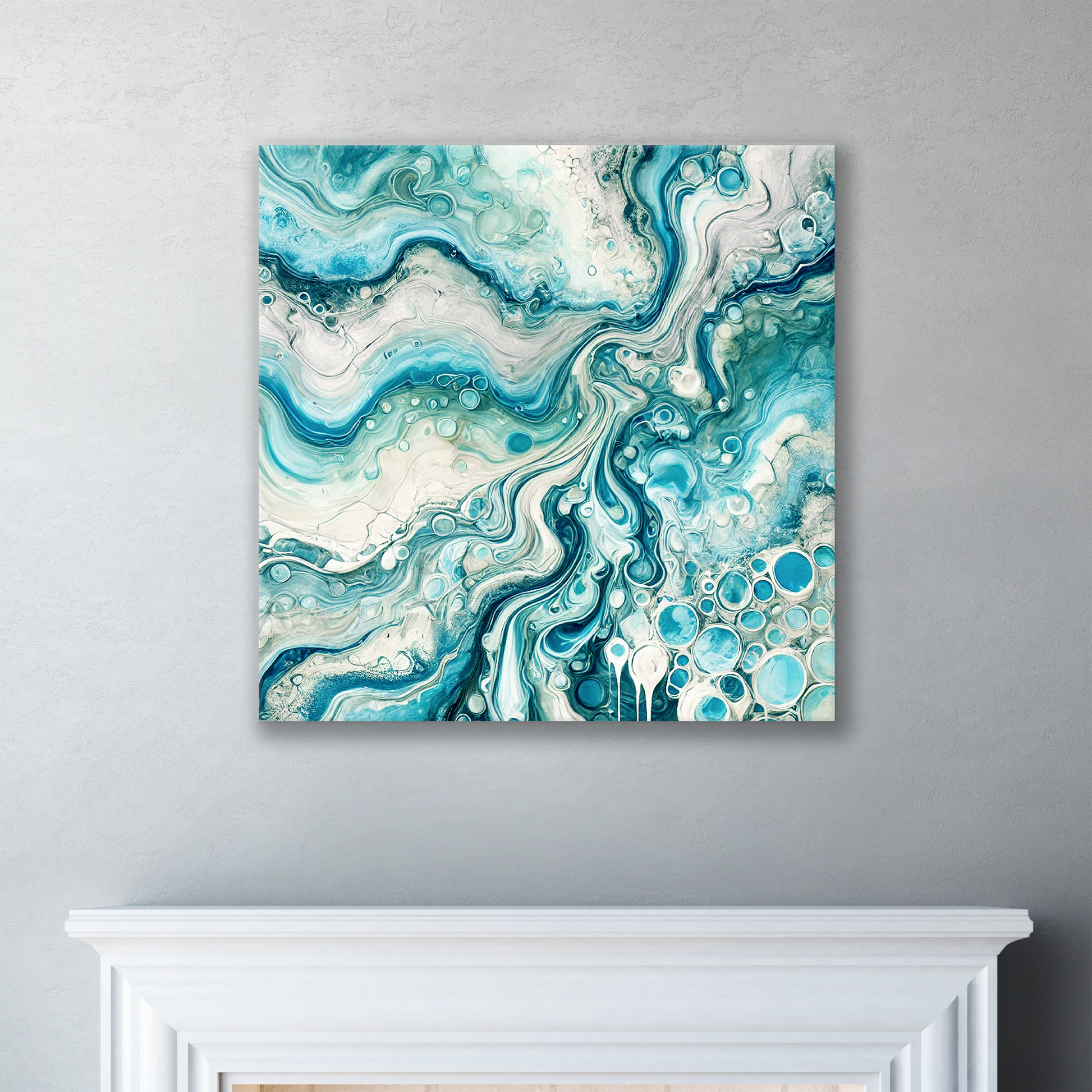 The beautiful canvas art SEA HUES. The piece hangs on a wall.
