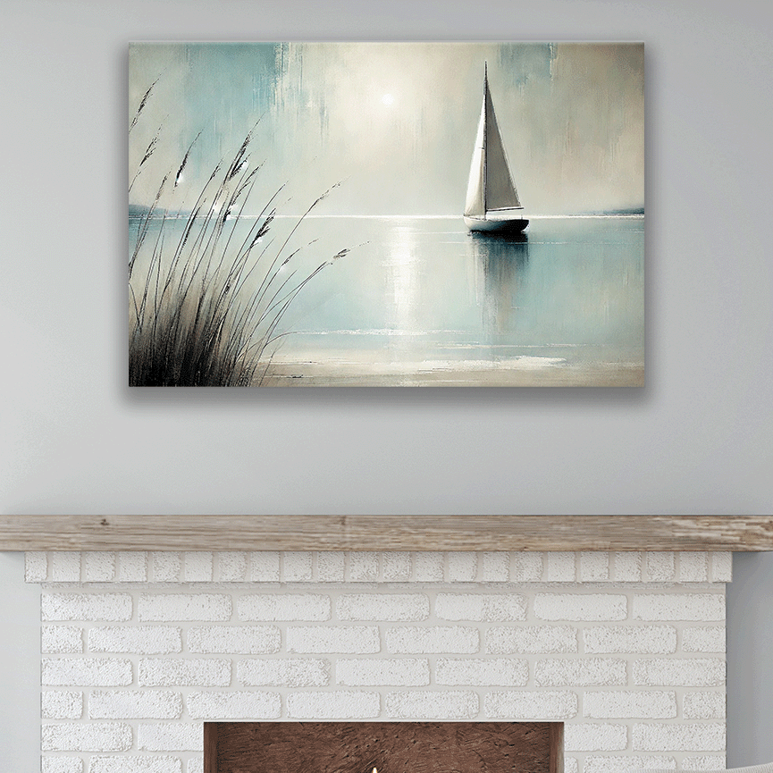 The coastal wall art GENTLE WATERS. The piece hangs on a wall.
