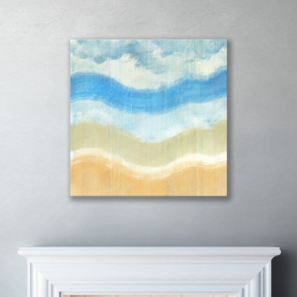 The abstract beach canvas art WAVECREST. The piece hangs on a wall.
