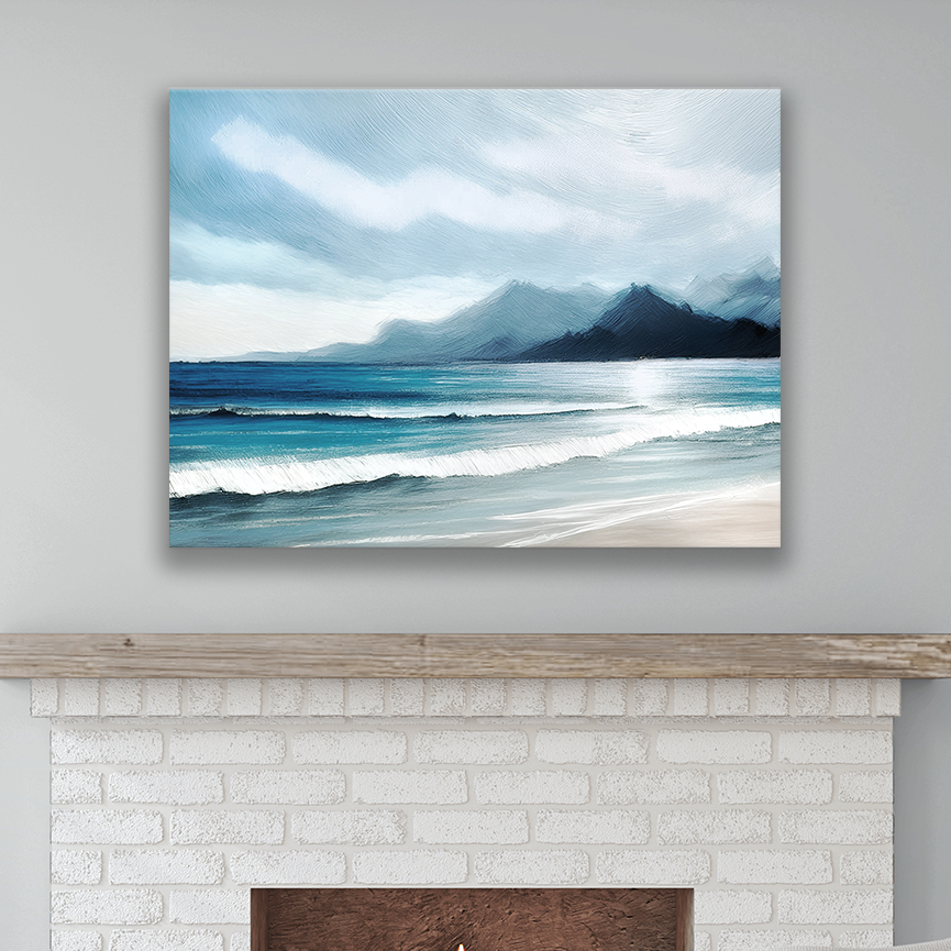 This beach scene artwork hanging on a wall, perfect for a beach-inspired space
