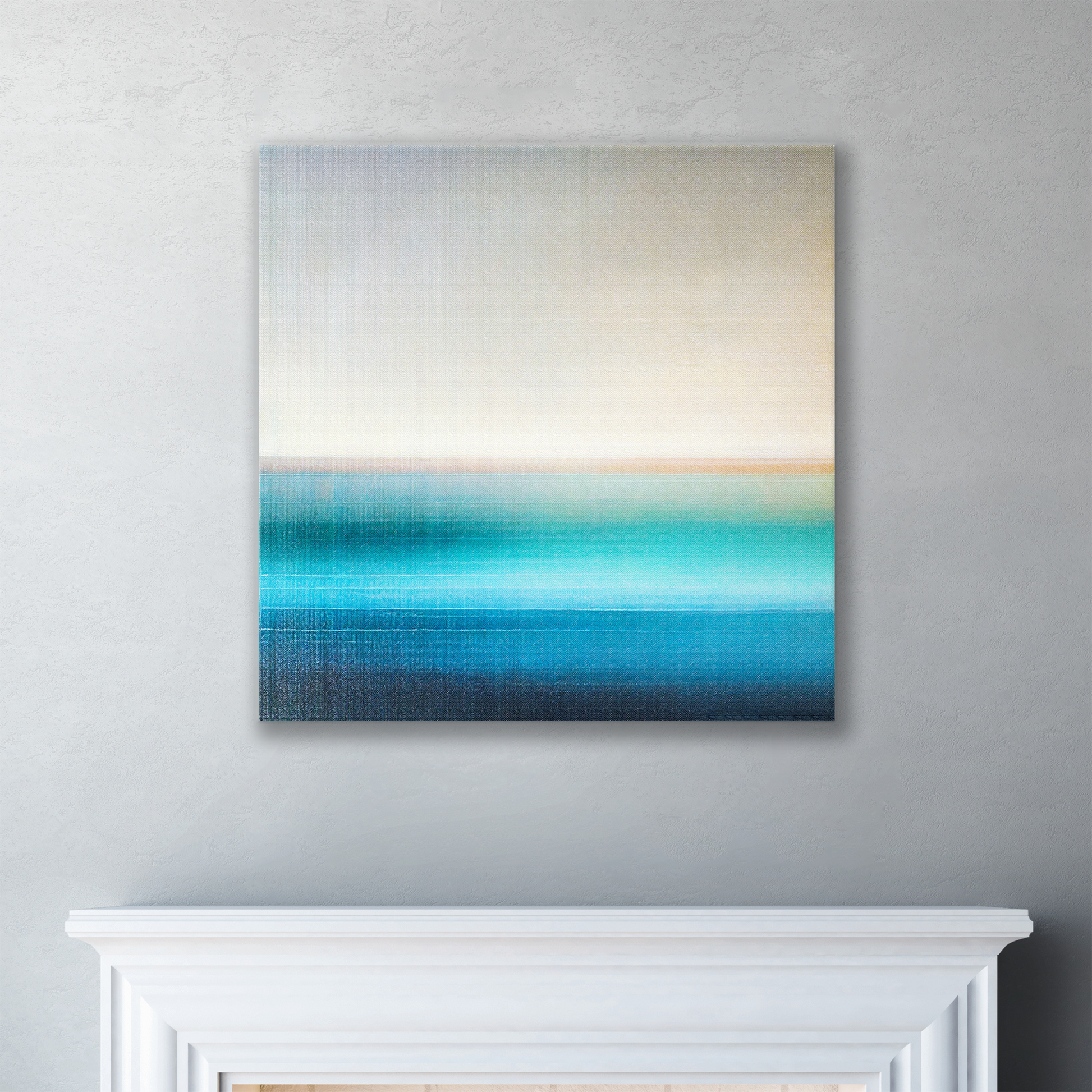 The abstract coastal wall art LAGOON BLUE. The piece hangs on a wall.
