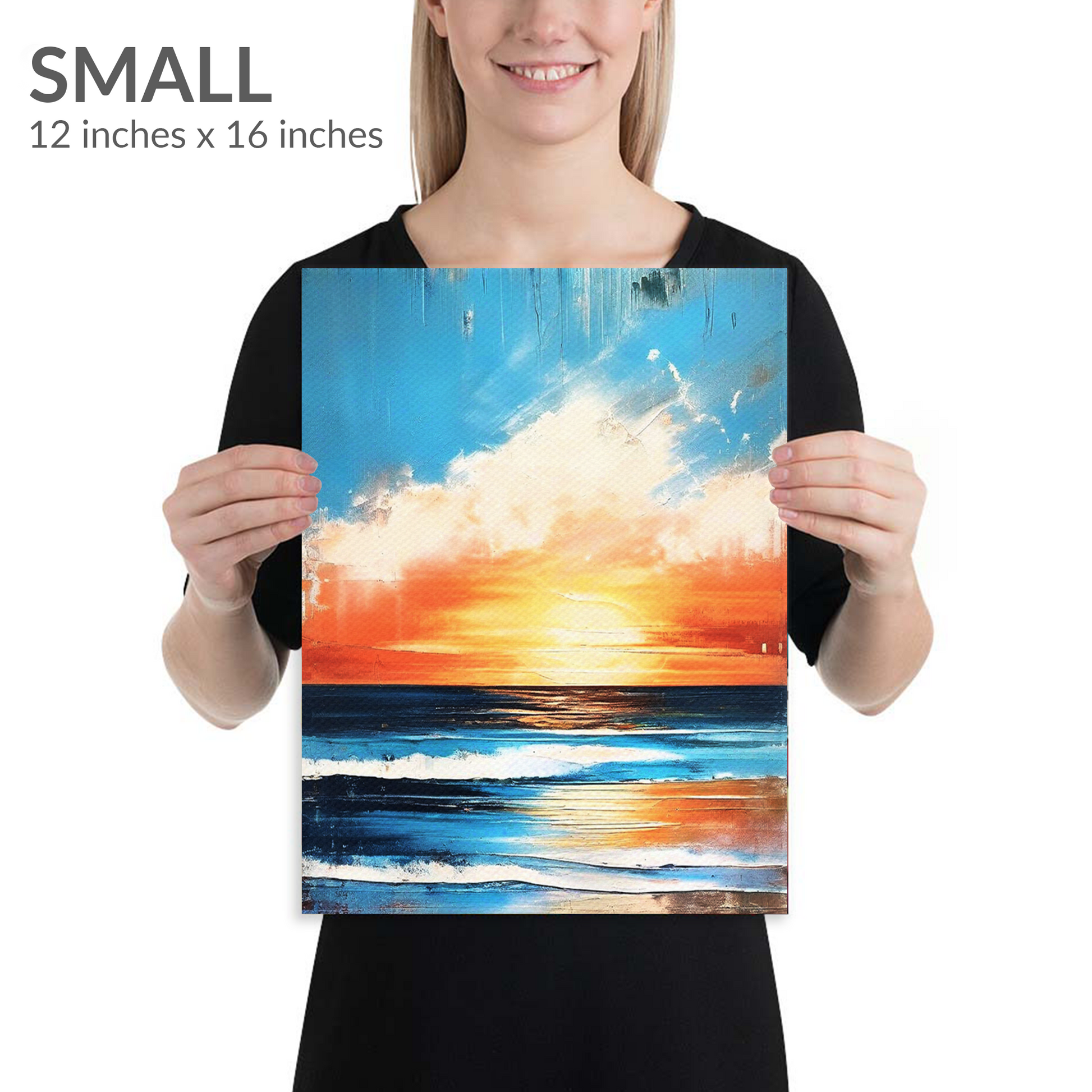 A woman holds the small size of beachside art REFRESH. Gallery wrap canvas in portrait orientation. Text reads: “SMALL 12 inches x 16 inches”