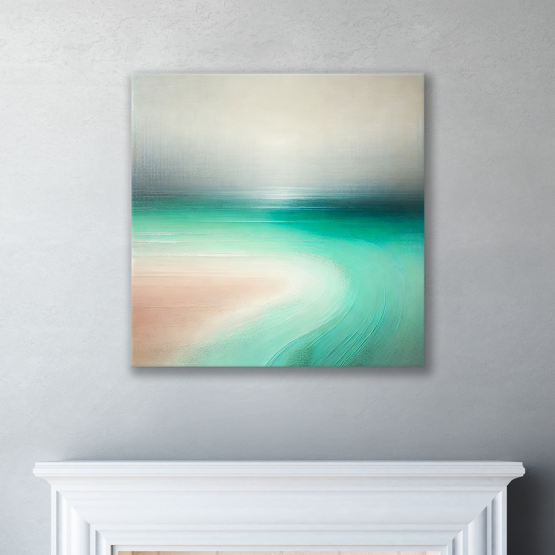 The abstract ocean wall art COASTAL GLOW. The piece hangs on a wall.
