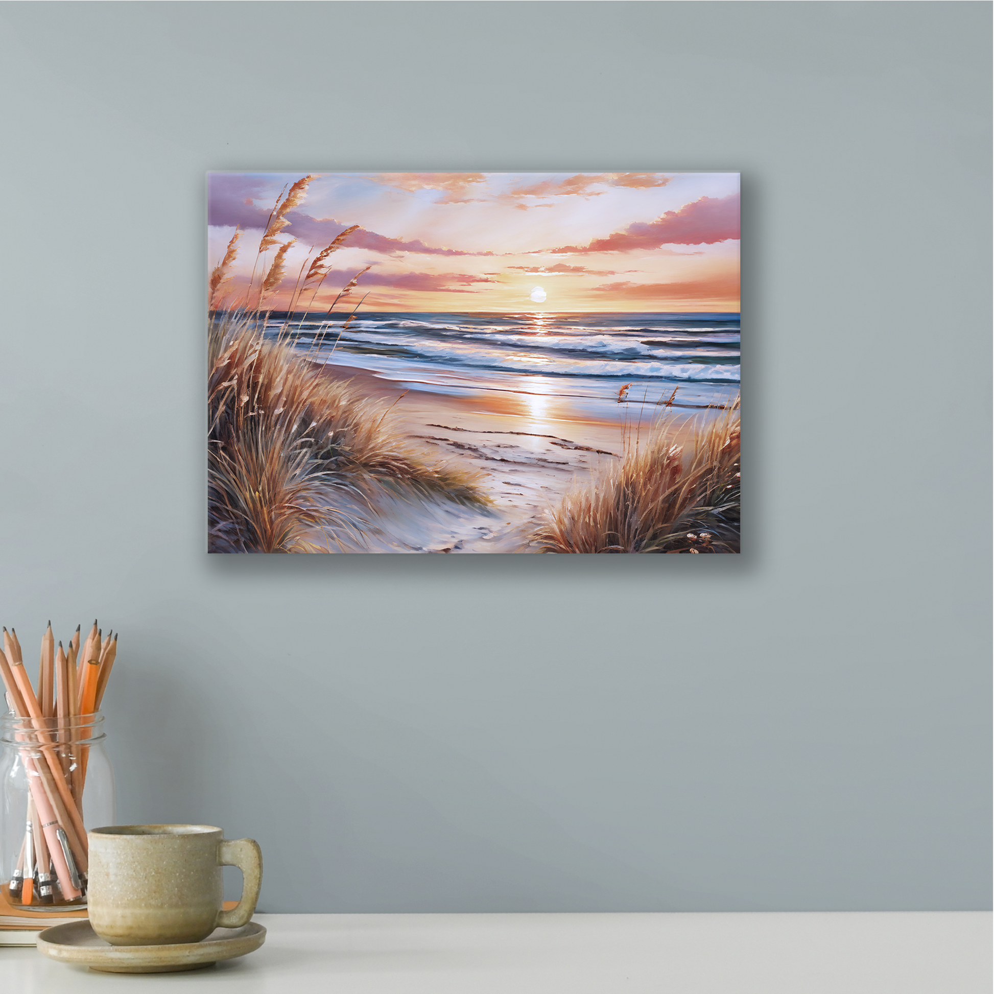 The beach art DUNES AT SUNSET. The piece hangs on a wall.
