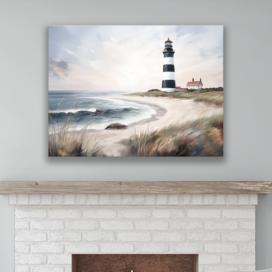 This lighthouse art hanging on a wall – premium thick coastal canvas.
