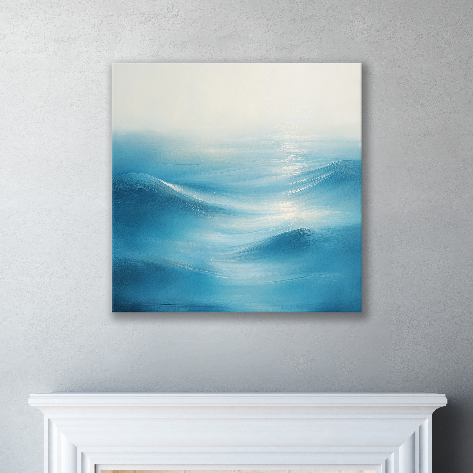 The unique coastal wall art DISTANT WAVES. The piece hangs on a wall.
