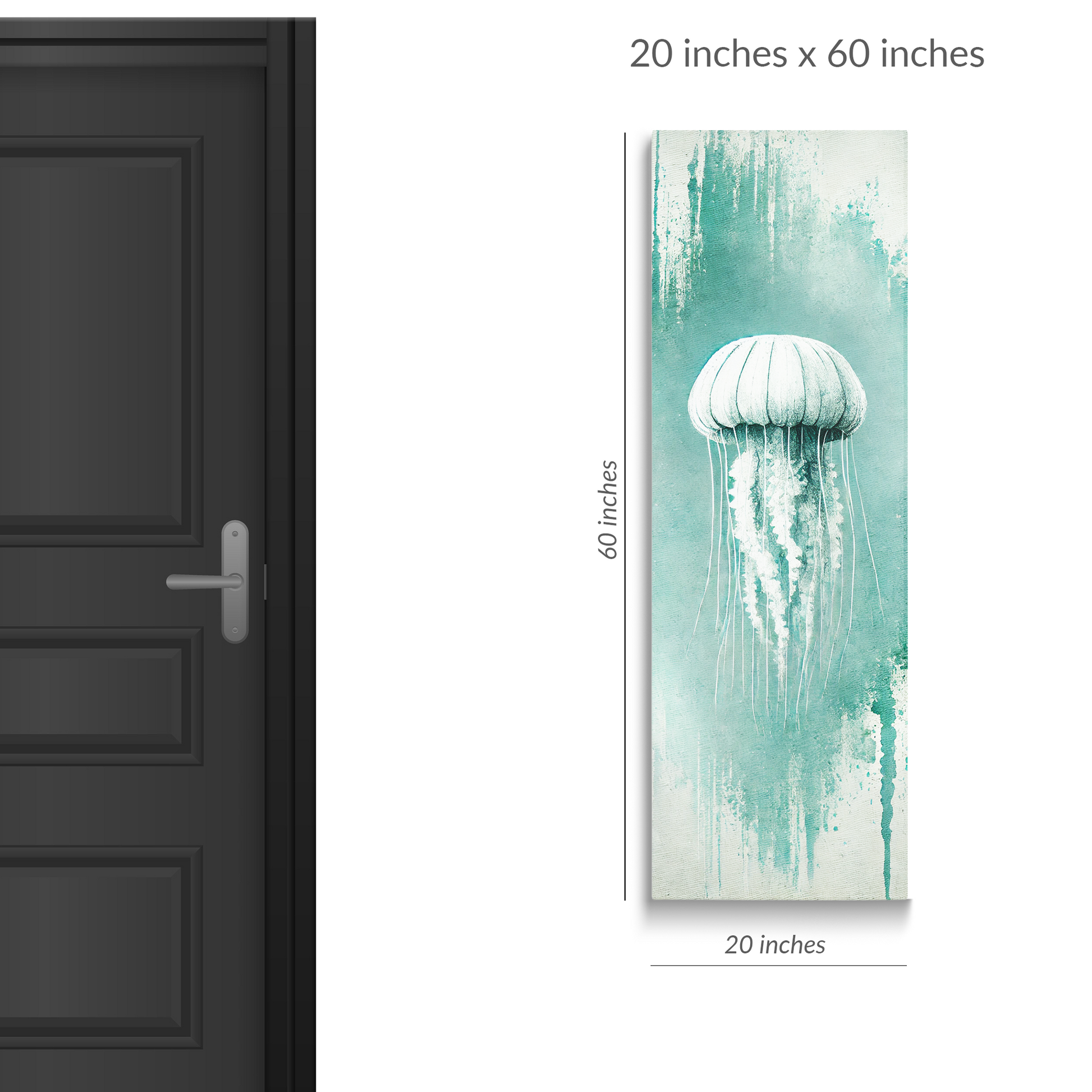 A standard size door next to beach art canvas JELLYFISH GLOW. Gallery wrap canvas in portrait orientation. Text reads: “20 inches x 60 inches”