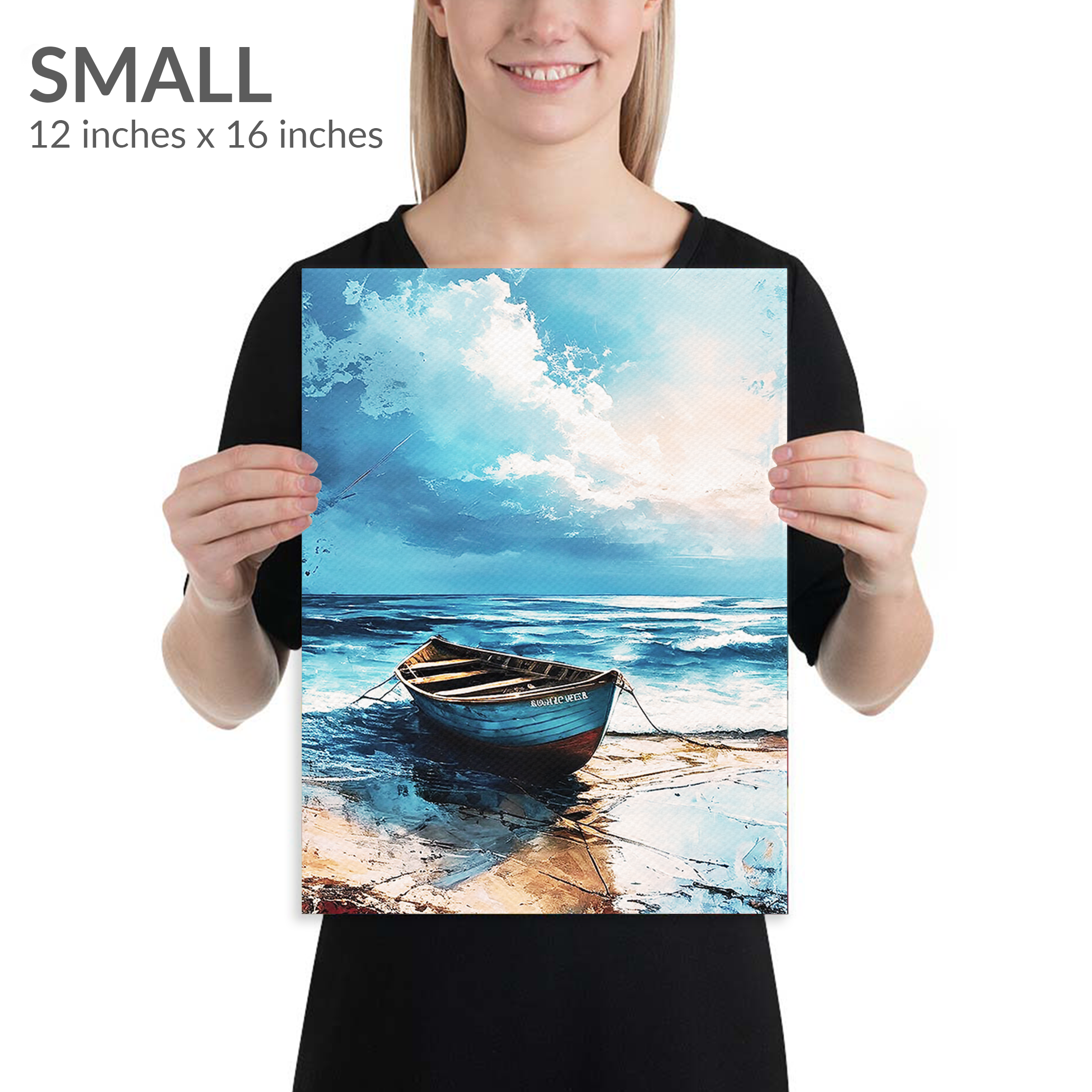 A woman holds the small size of coastal wall art TIDE. Gallery wrap canvas in portrait orientation. Text reads: “SMALL 12 inches x 16 inches”