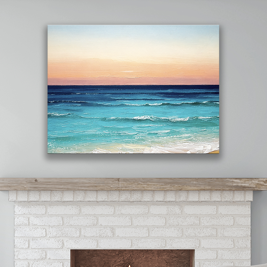 This Hawaiian Sunset Art hanging on a wall – premium thick coastal canvas.
