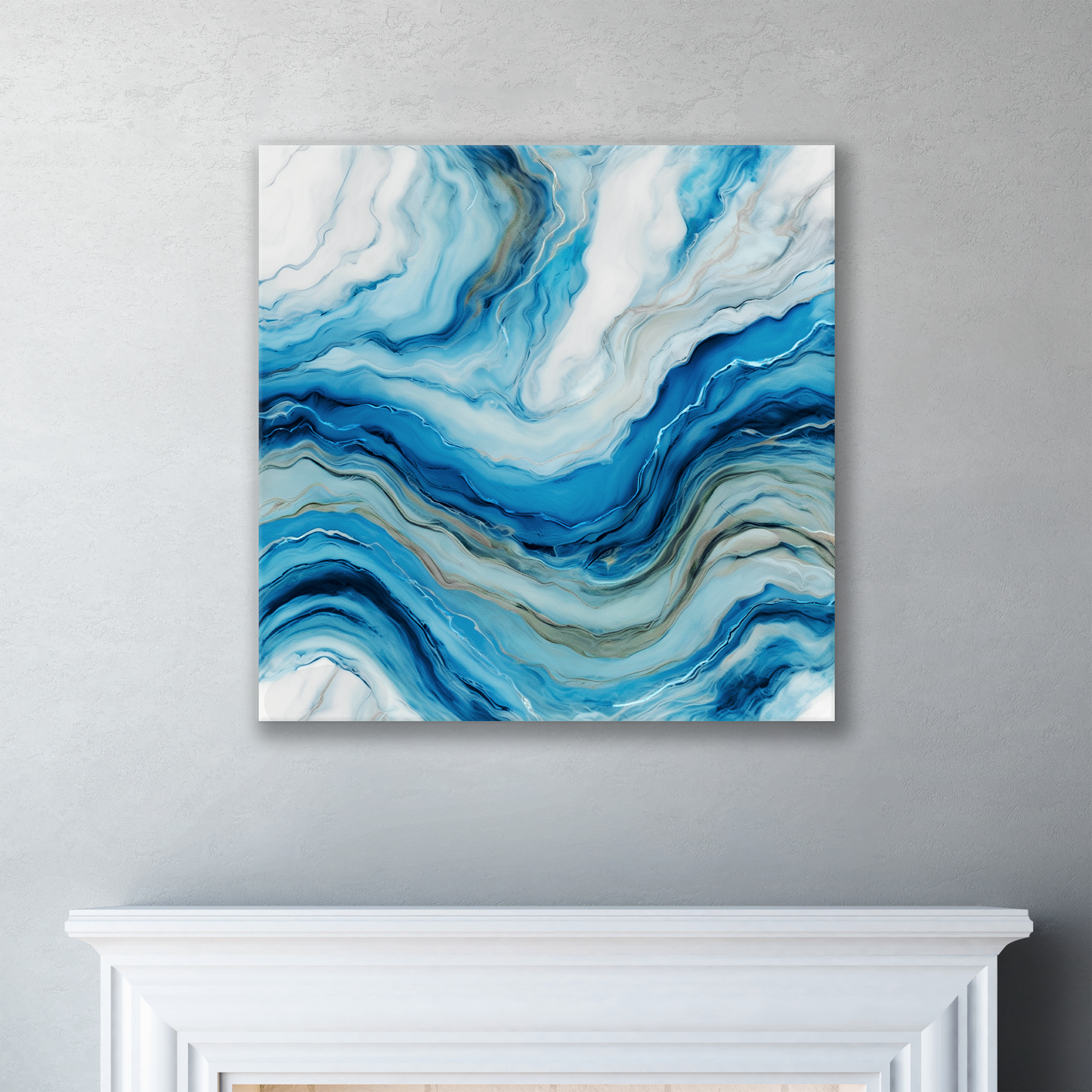 The blue abstract coastal art ROLLING SURF. The piece hangs on a wall.
