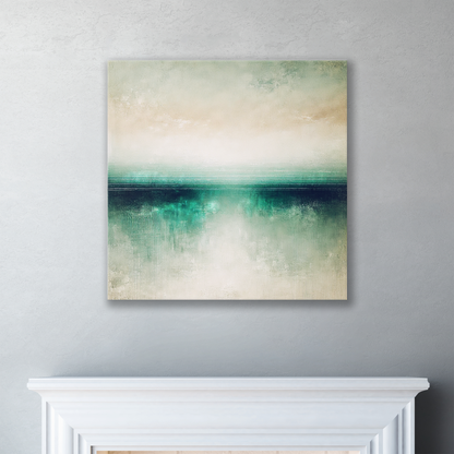 The coastal canvas art MYSTIC SHORE. The piece hangs on a wall.
