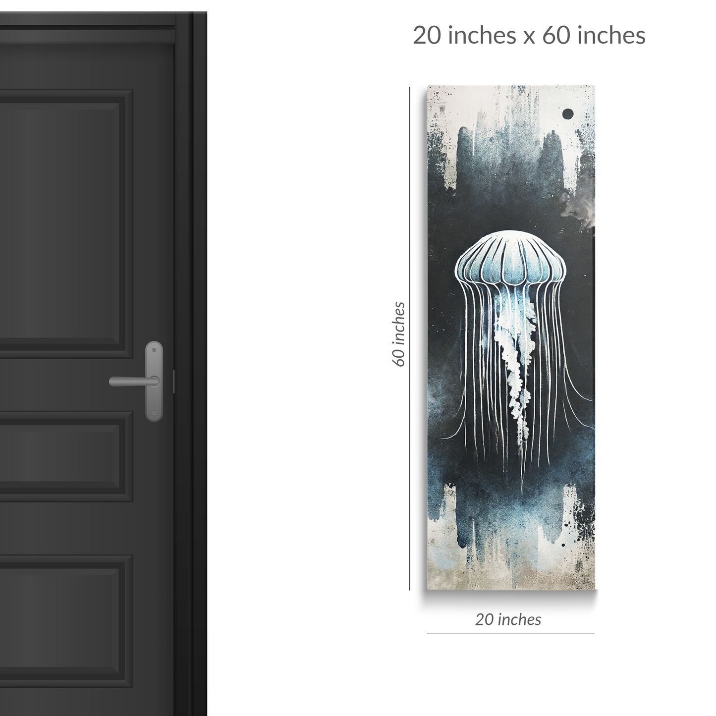 A standard size door next to beach wall art on canvas MOONLIT JELLY. Gallery wrap canvas in portrait orientation. Text reads: “20 inches x 60 inches”
