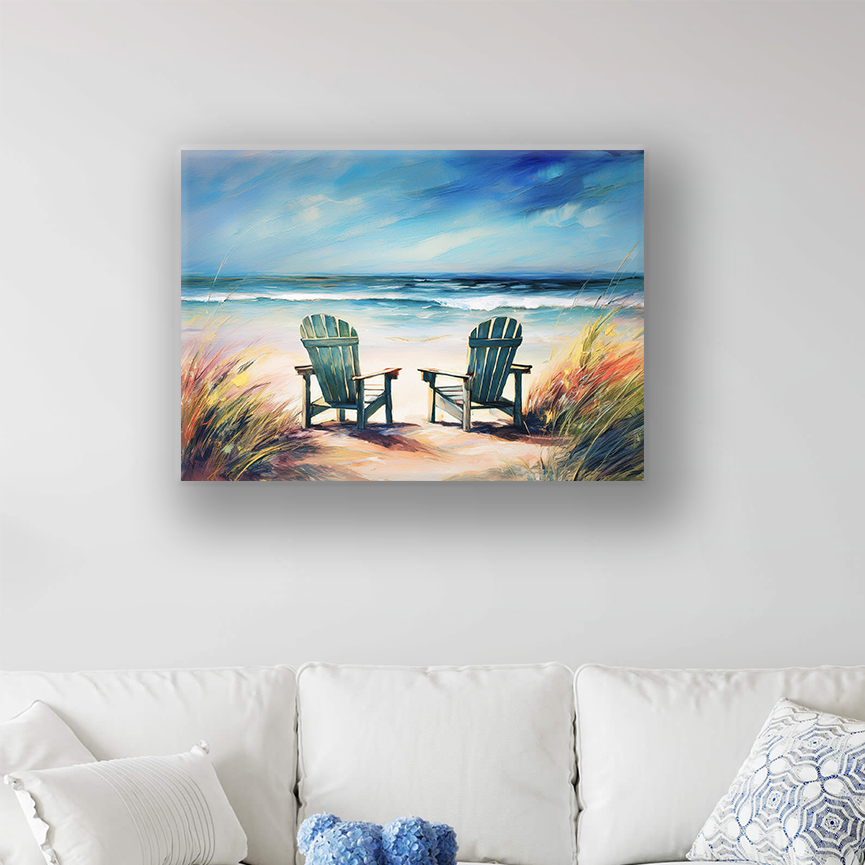 The beach wall art canvas NO WORRIES. The piece hangs on a wall.
