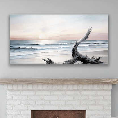 This beach art hanging on a wall – premium thick coastal canvas.
