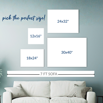 Wall art size chart with dimensions displayed above a sofa.