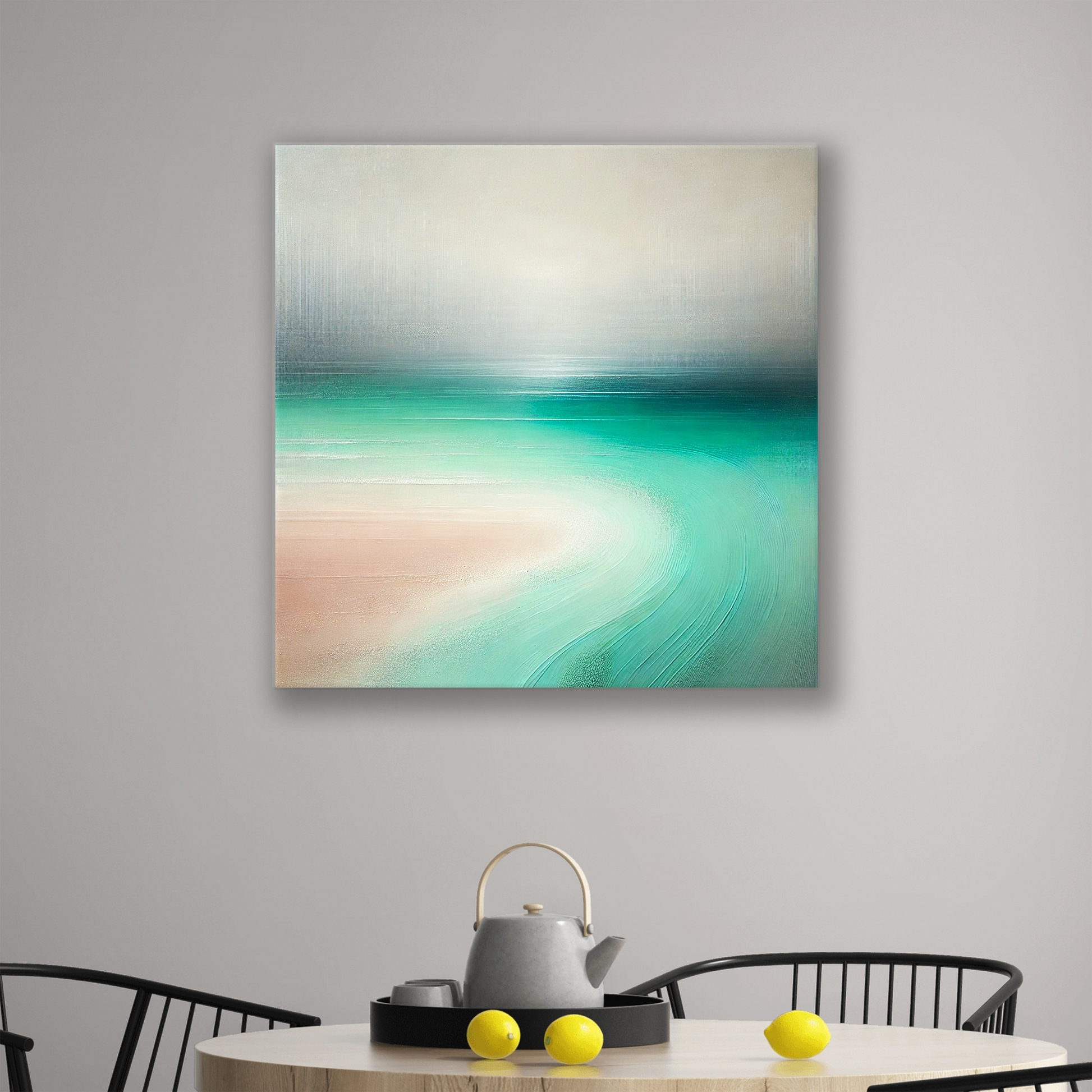 The abstract ocean wall canvas COASTAL GLOW. The piece hangs on a wall.
