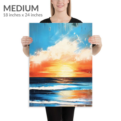 A woman holds the medium size of beachside art REFRESH. The coastal wall art is in portrait orientation. Text reads: “Medium 18 inches x 24 inches”