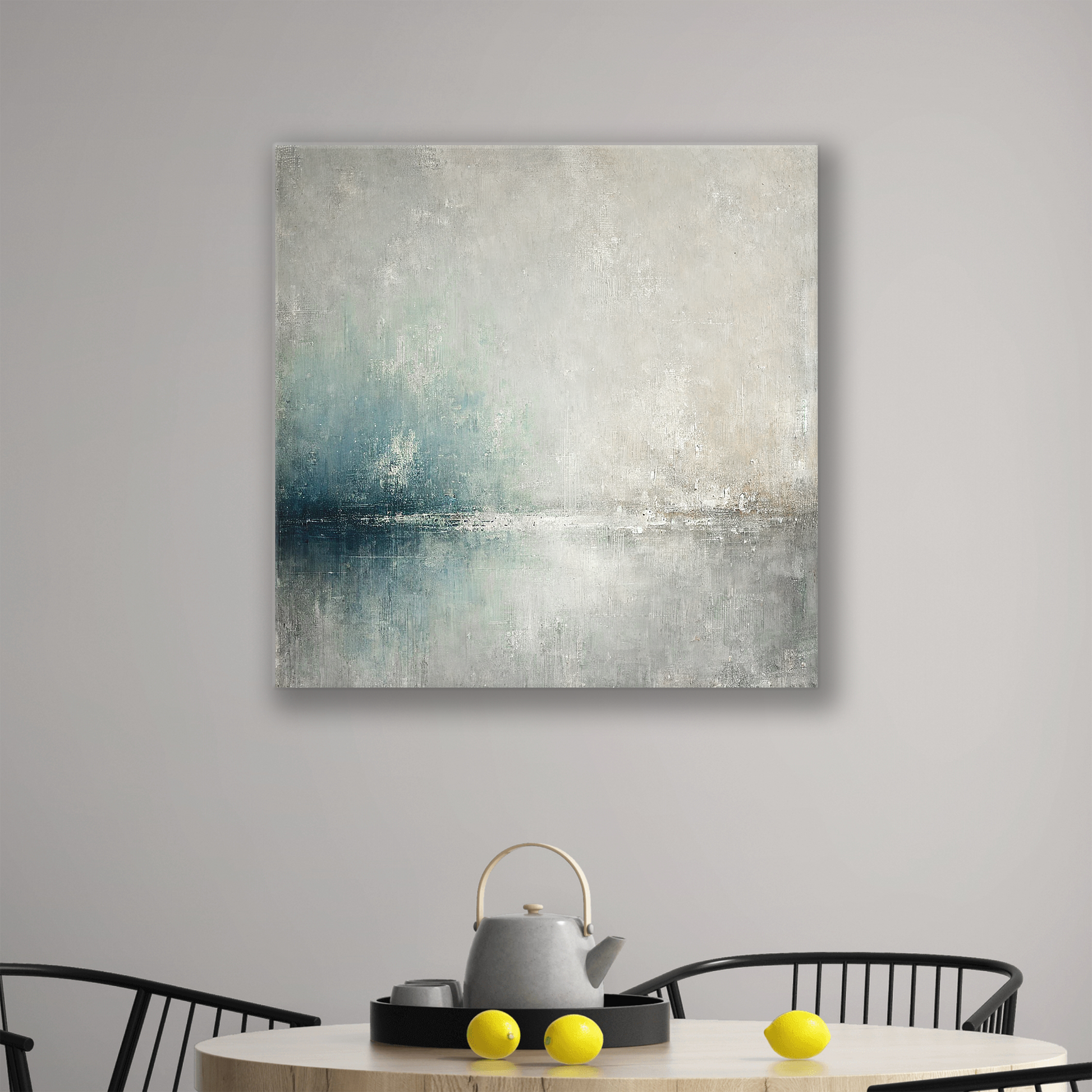 The abstract ocean canvas SALTY HORIZON. The piece hangs on a wall.
