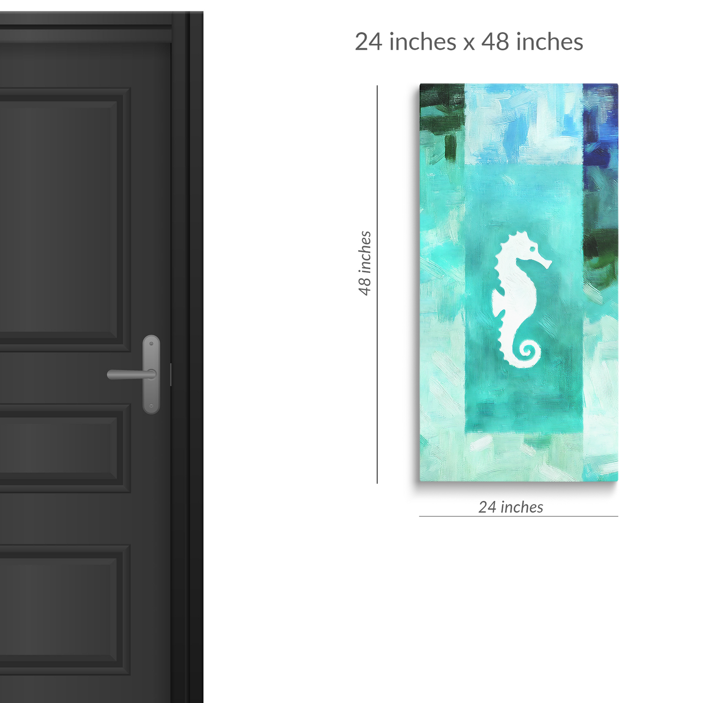 A standard size door next to seahorse wall art TURQUOISE SEAHORSE. The sea decor is in portrait orientation. Text reads: “24 inches x 48 inches”