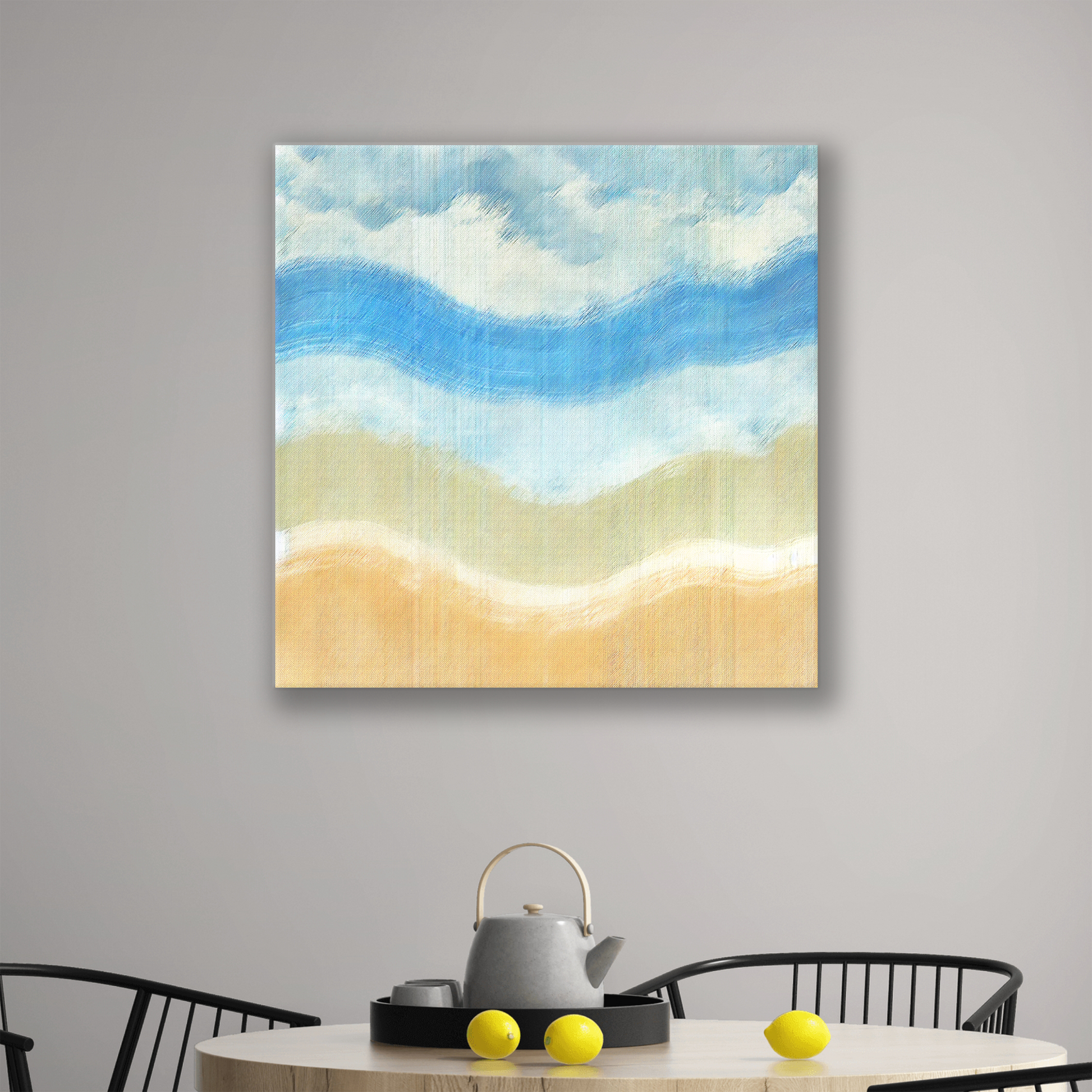 The abstract coastal canvas art WAVECREST. The piece hangs on a wall.
