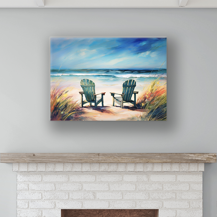 beach wall art canvas NO WORRIES. The piece hangs on a wall.
