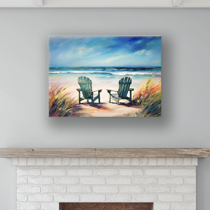 beach wall art canvas NO WORRIES. The piece hangs on a wall.
