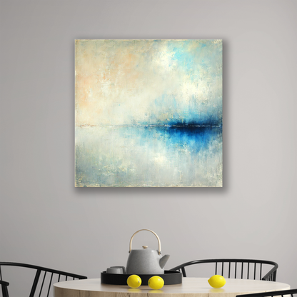 The seashore canvas art work HARBOR LIGHT. The piece hangs on a wall.
