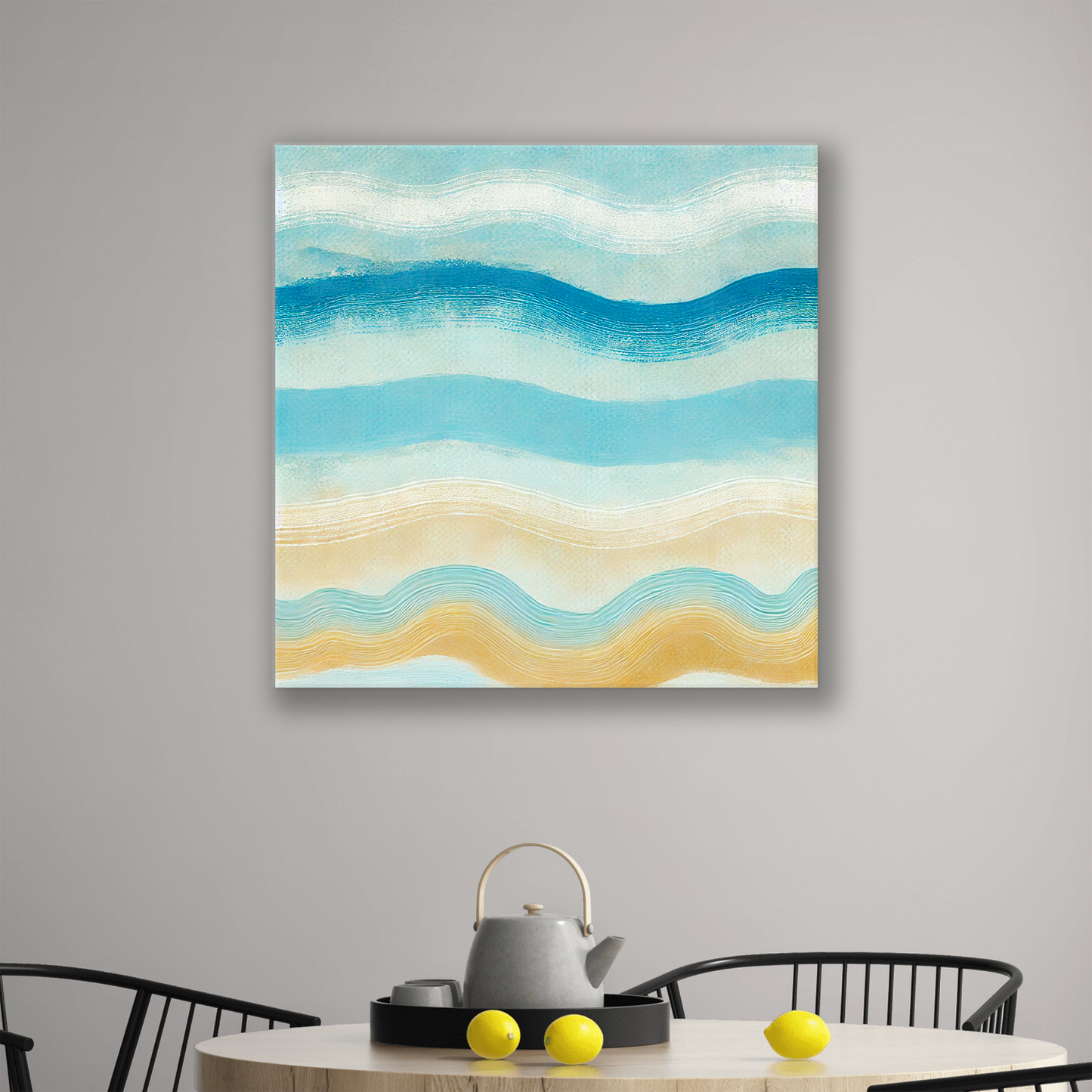 The ocean wall decor MISTY MOTION. The piece hangs on a wall.
