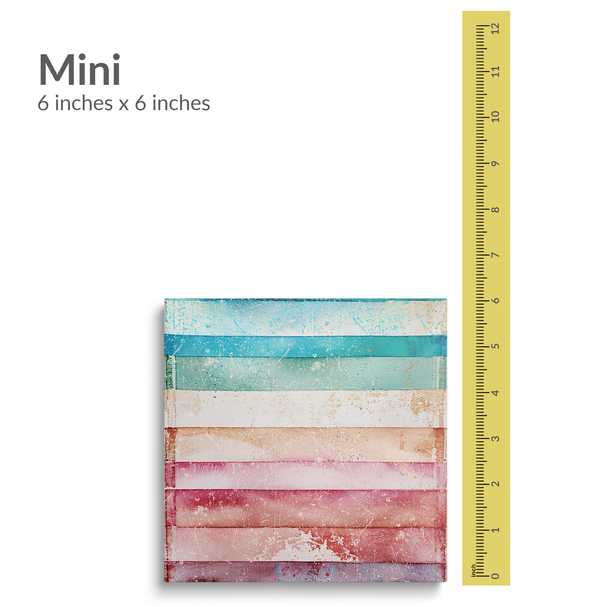 A 12 inch ruler is next to the mini size of beach wall art on canvas TROPICAL VIBES. Gallery wrap canvas is square. Text reads: “MINI 6 inches x 6 inches”