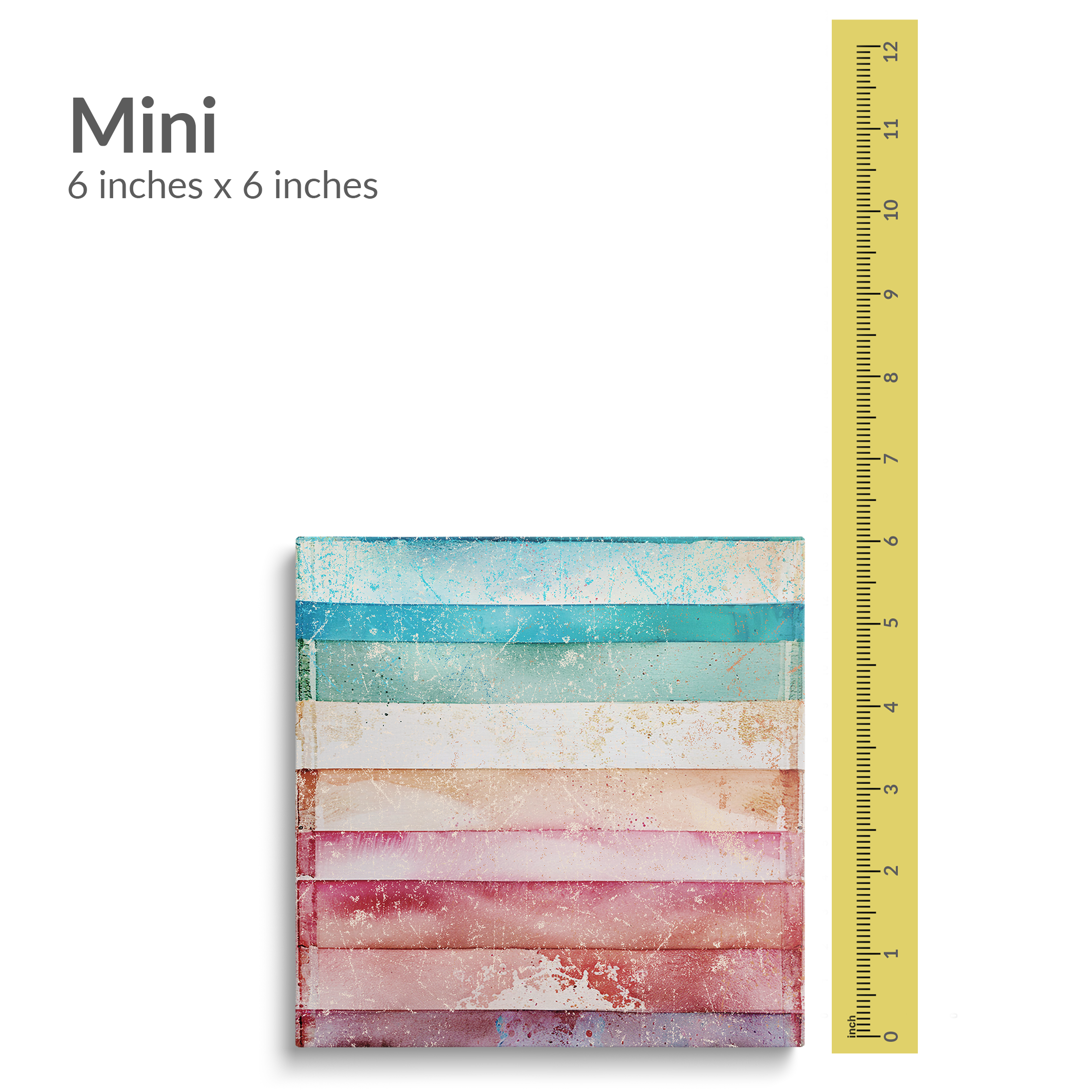 A 12 inch ruler is next to the mini size of beach wall art on canvas TROPICAL VIBES. Gallery wrap canvas is square. Text reads: “MINI 6 inches x 6 inches”