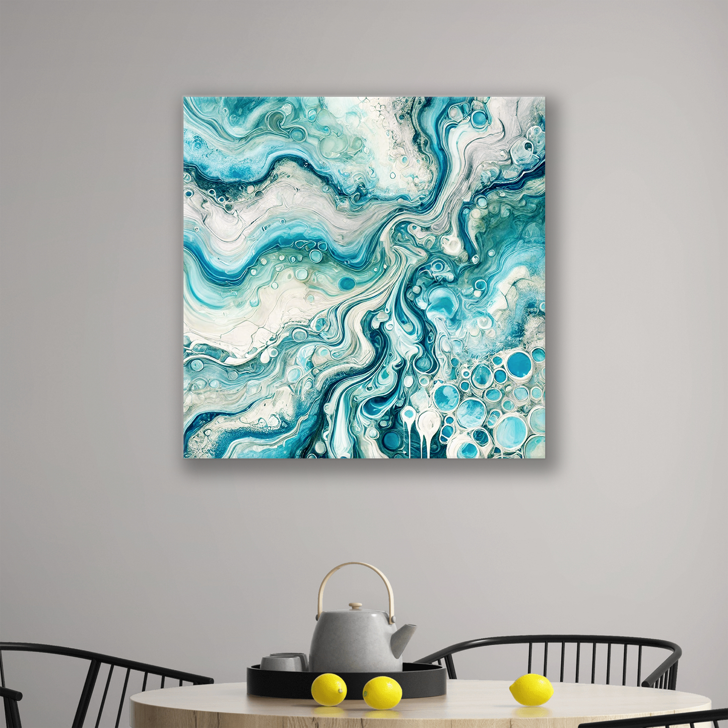 The beautiful abstract canvas art SEA HUES. The piece hangs on a wall.
