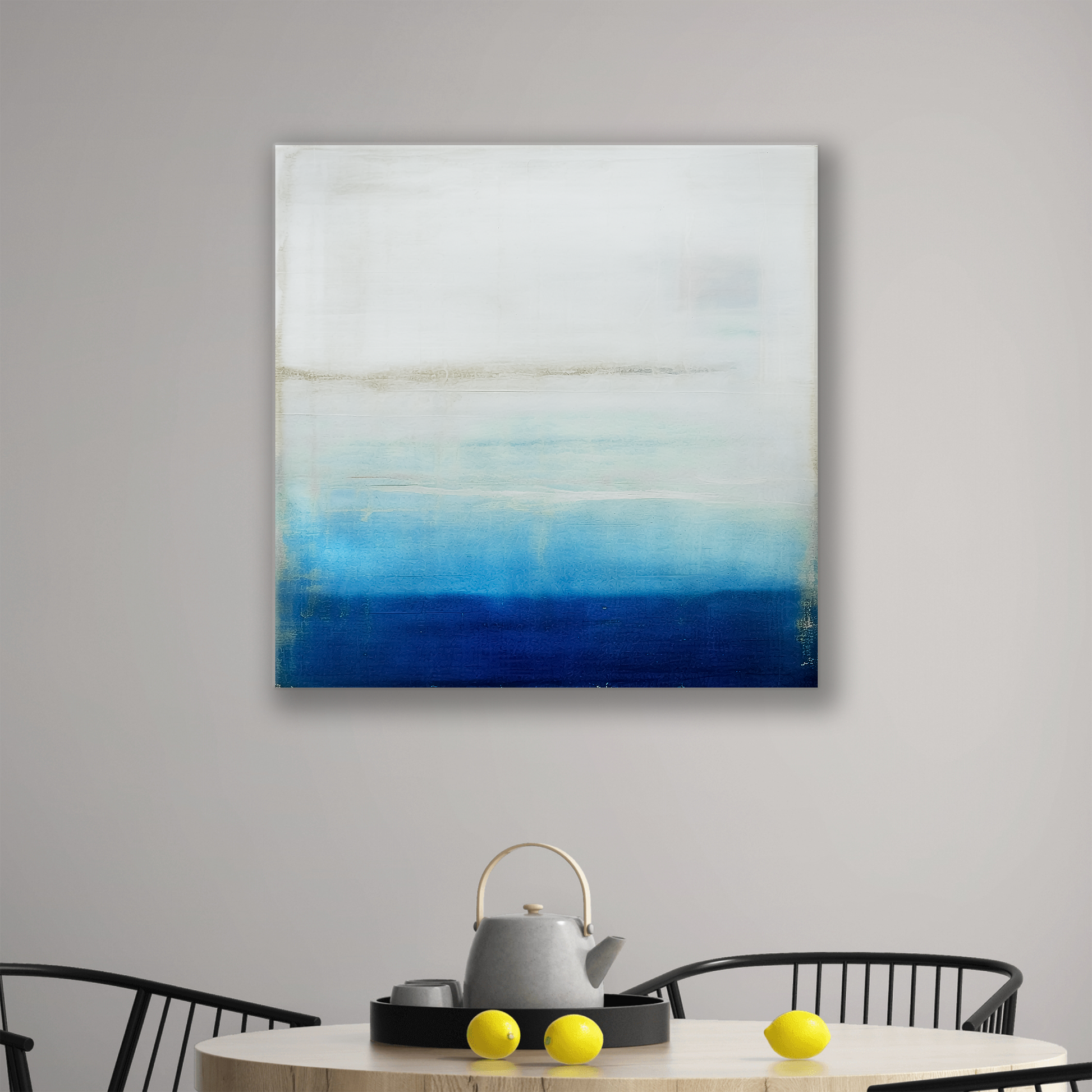 The ocean canvas artwork FOG & MIST. The piece hangs on a wall.
