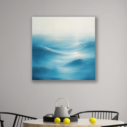 The unique coastal wall canvas DISTANT WAVES. The piece hangs on a wall.
