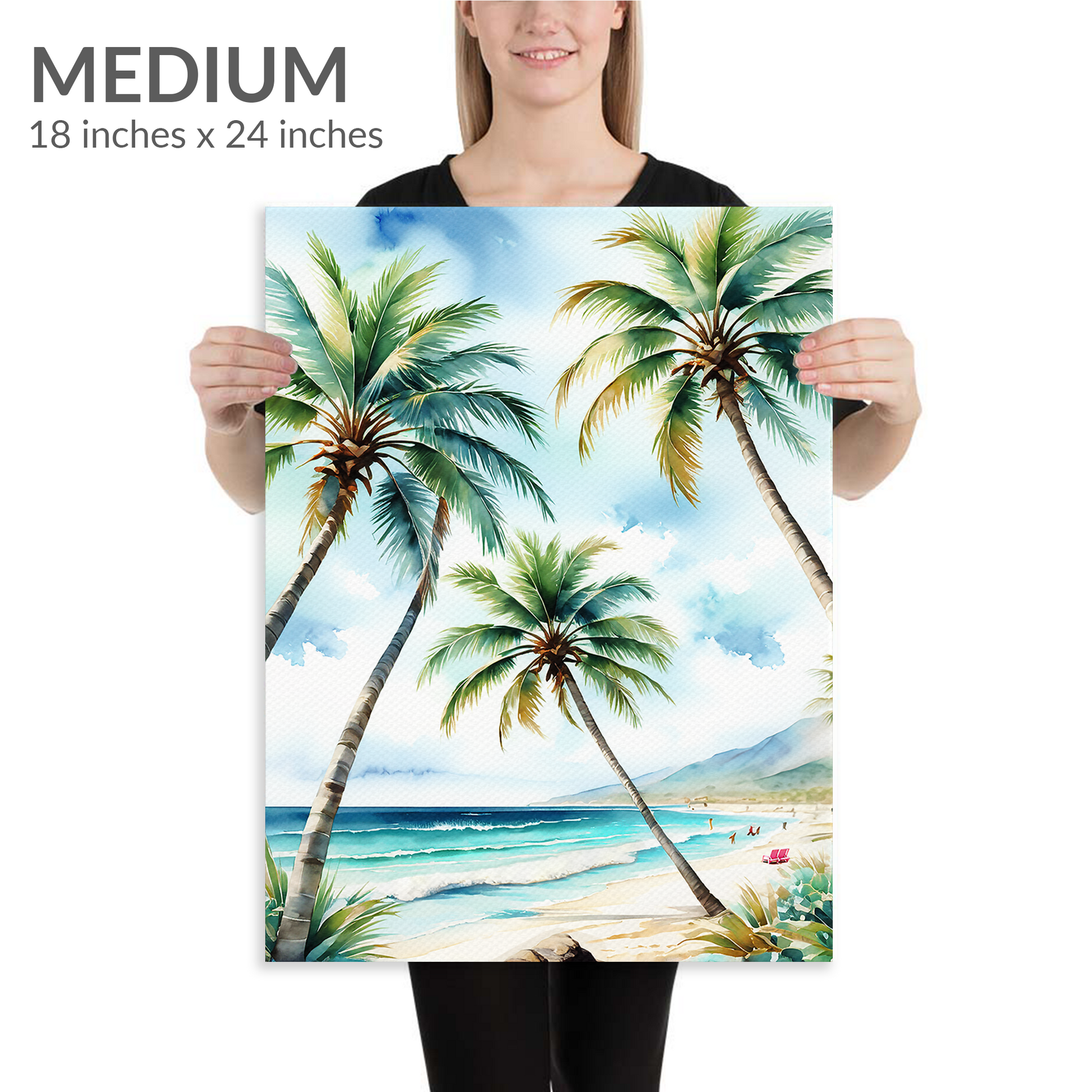 A woman holds the medium size of palm tree art PARADISE PALMS. The coastal art canvas is in portrait orientation. Text reads: “Medium 18 inches x 24 inches”