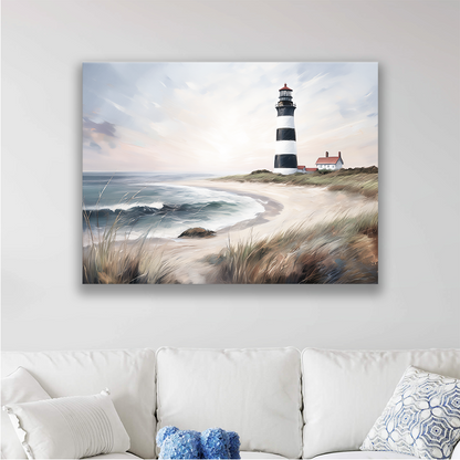 This lighthouse wall art hanging on a wall, perfect for a beach-inspired space
