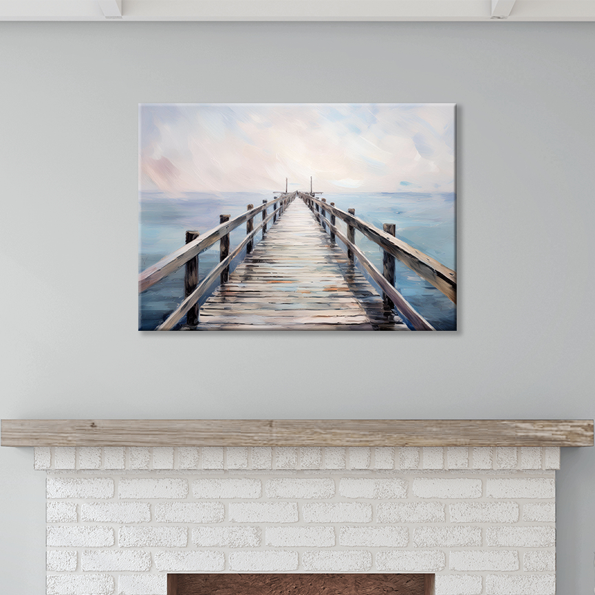 ocean canvas painting PEACEFUL WALK. The piece hangs on a wall.
