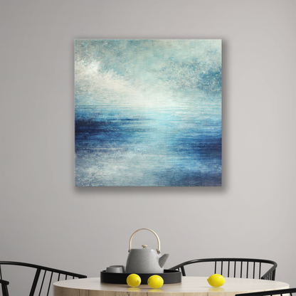 The ocean wall canvas BLUE HAZE. The piece hangs on a wall.
