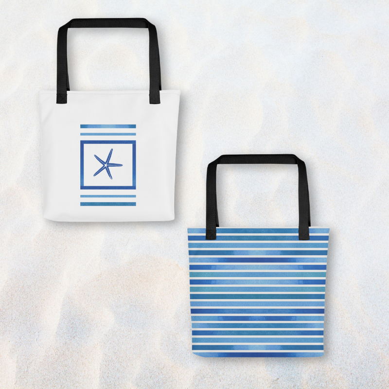 Navy blue tote shown front and back on sand, featuring framed starfish design and roomy 15” x 15” size.
