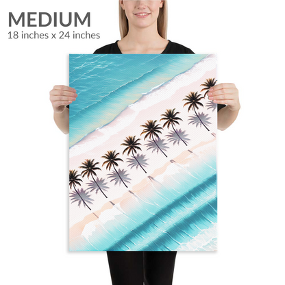 A woman holds the medium size of coconut palm wall art PALM SHORES. The coastal beach art is in portrait orientation. Text reads: “Medium 18 inches x 24 inches”