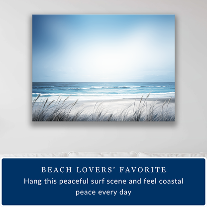 Beach scene with ocean and sky, framed on a wall. Text reads: beach lovers' favorite. hang this peaceful surf scene and feel coastal peace every day
