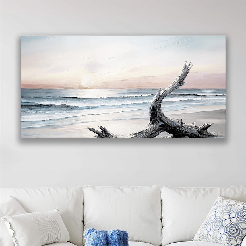 This beach art canvas hanging on a wall, perfect for a beach-inspired space
