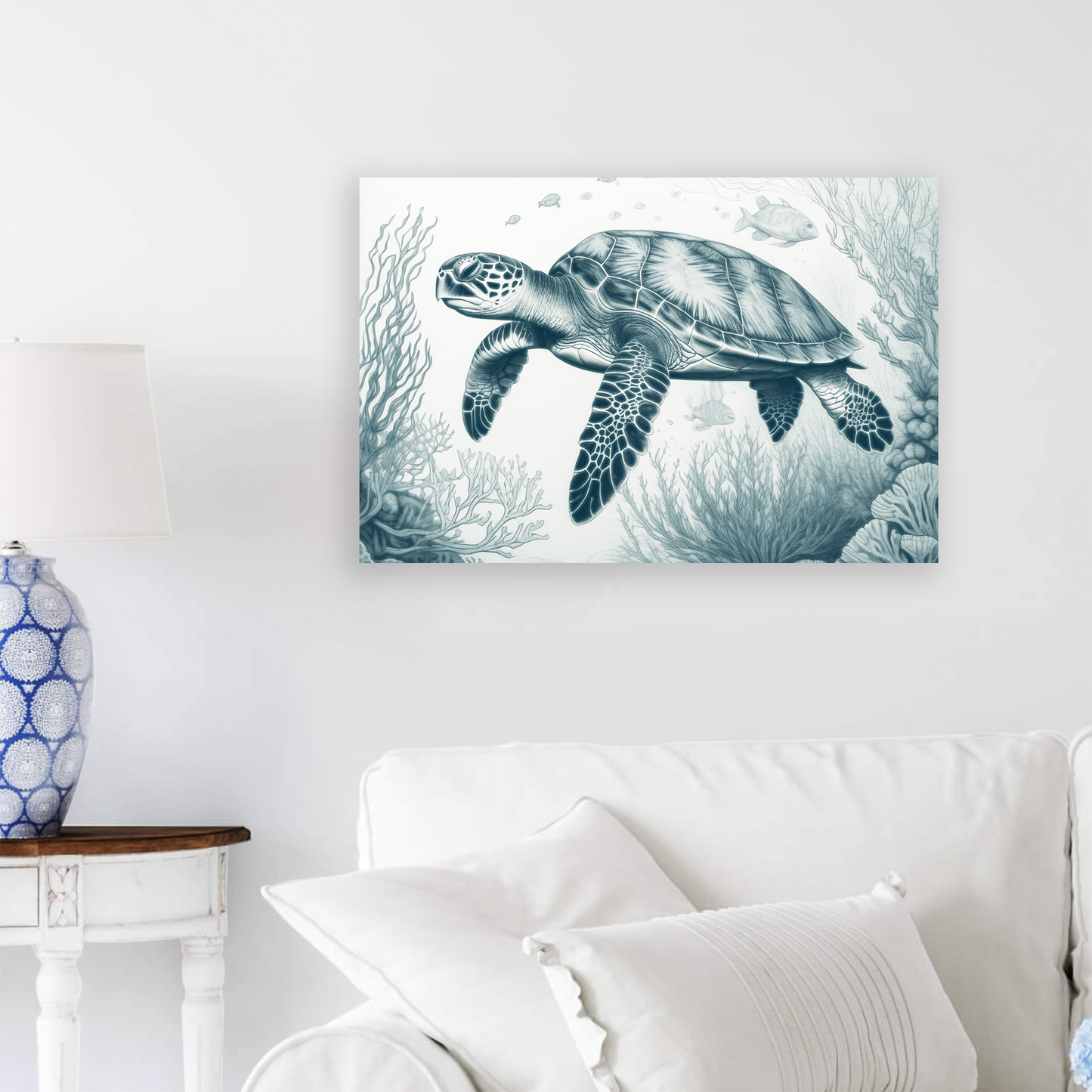 sea turtle wall art OCEAN WANDERER . The piece hangs on a wall.
