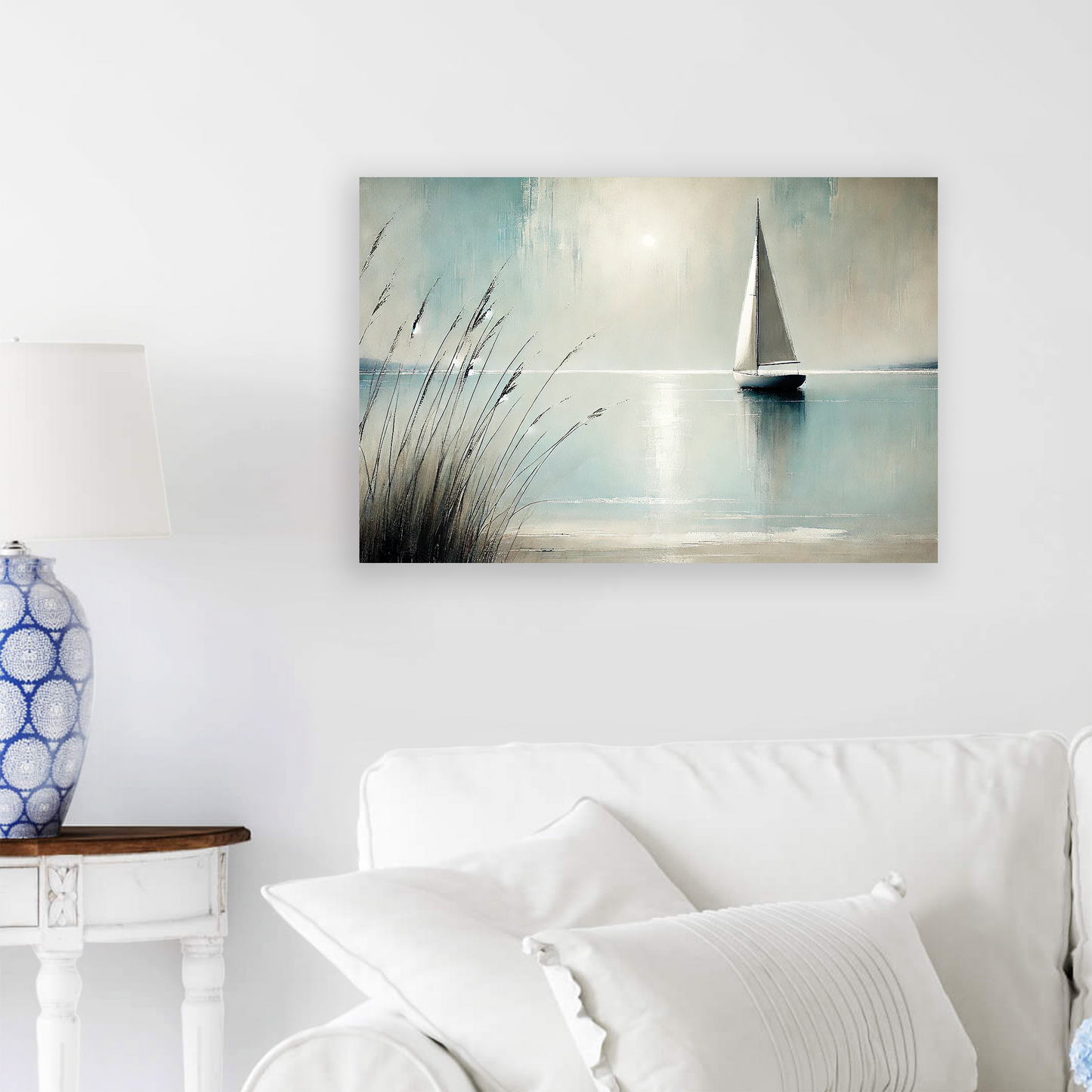 autumn ocean print GENTLE WATERS . The piece hangs on a wall.
